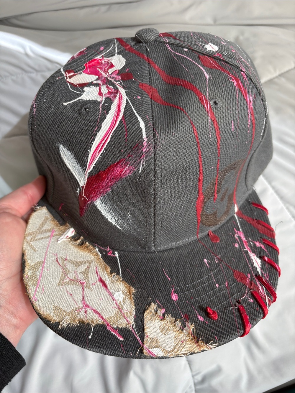 LV  custom designed Gray hand Painted Baseball Cap with Red and White Accents